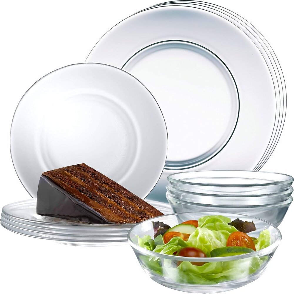 12pc Glass Dinnerware Set - Sleek Square Clear Glass Plate and Bowl Sets - Dishw